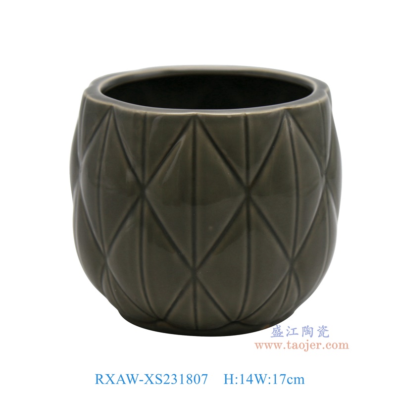 RXAW-XS231807 颜色釉灰色雕刻菱形纹水钵笔洗杯子大号 高14直径17 