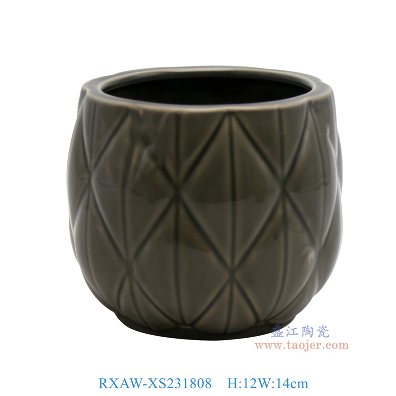 RXAW-XS231808 颜色釉灰色雕刻菱形纹水钵笔洗杯子中号 高12直径14 