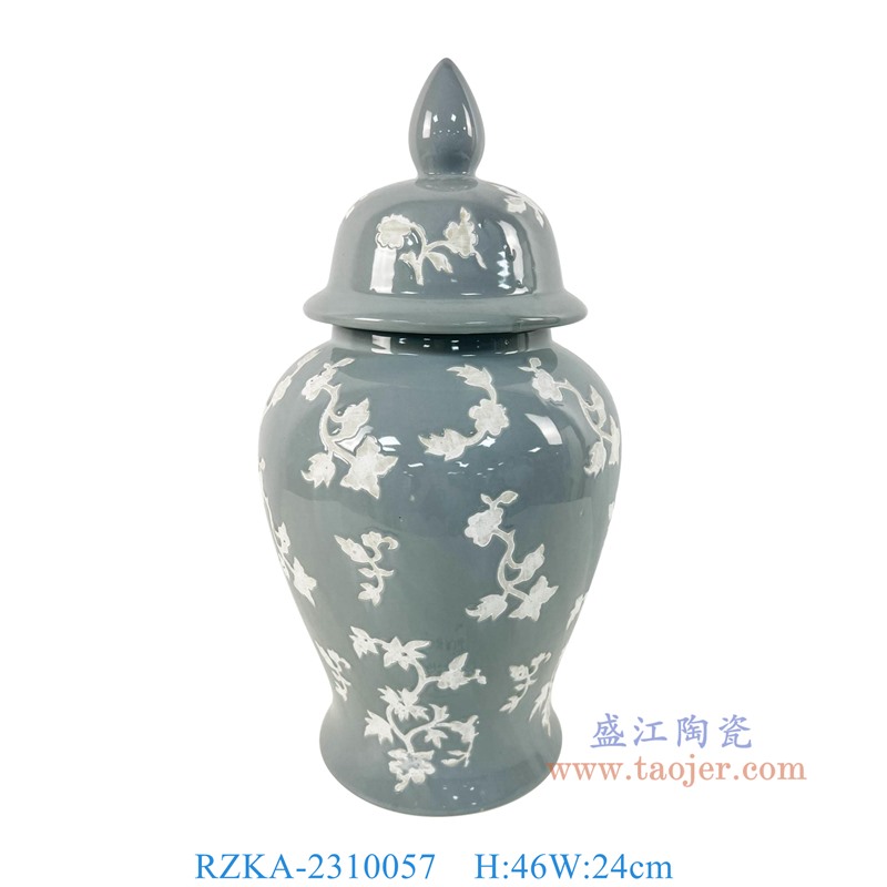 RZKA-2310057 18英寸灰底白花叶纹将军罐小号 高46直径24