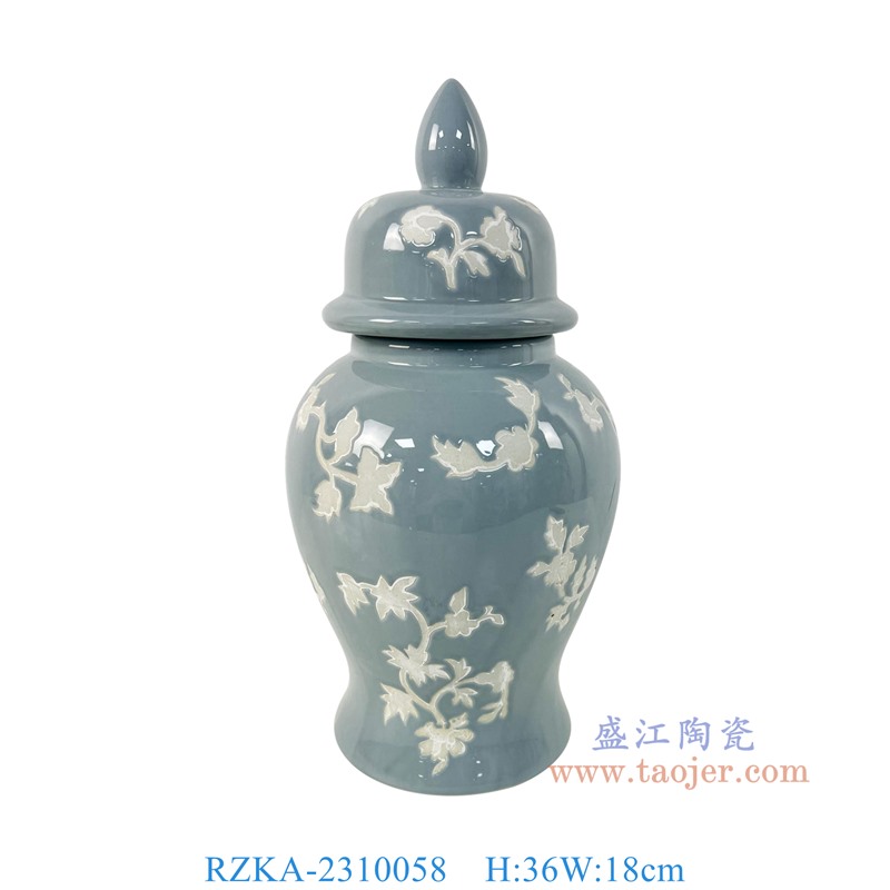 RZKA-2310058 14英寸灰底白花叶纹将军罐小号 高36直径18 