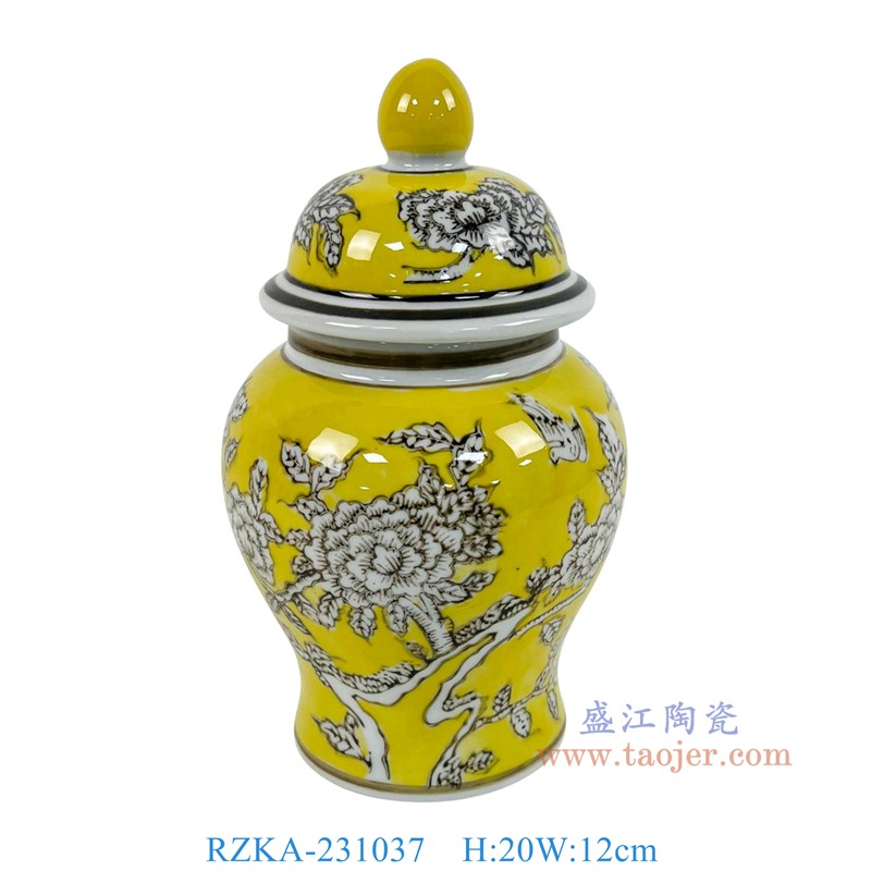 RZKA-231037 8英寸黄底花鸟将军罐 高20直径12