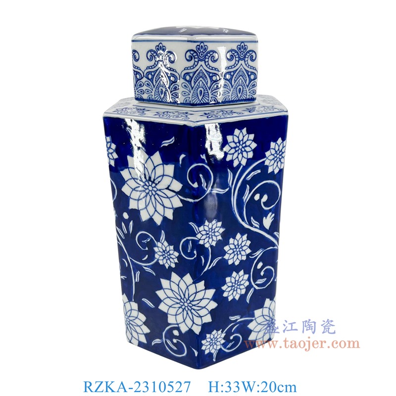 RZKA-2310527 13英寸蓝底青花花叶纹直筒六角罐 高33直径20