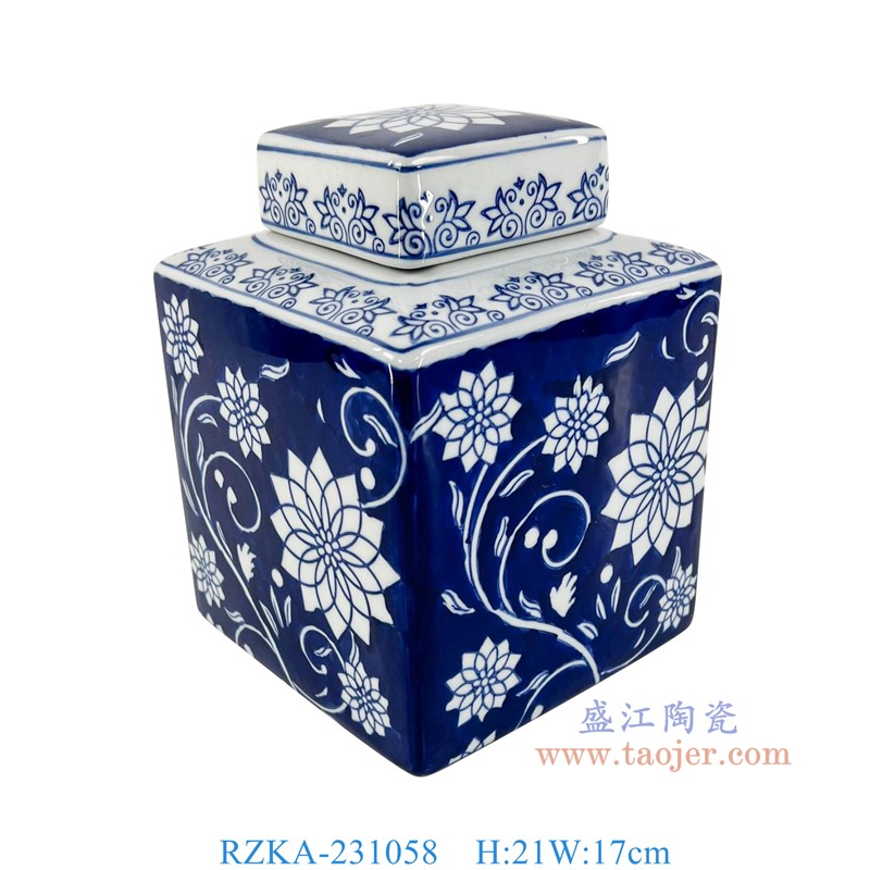 RZKA-231058 8英寸蓝底青花花叶纹四方罐 高21直径17