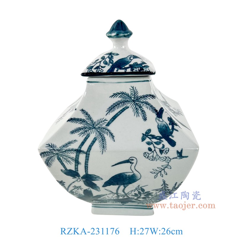 RZKA-231176 10.5英寸青花花鸟四面罐盖罐 高27直径26
