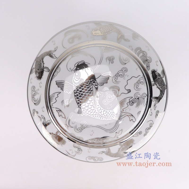 RZKA161260银边 银色游鱼年年有余陶瓷罐 糖果罐 茶叶罐顶部图