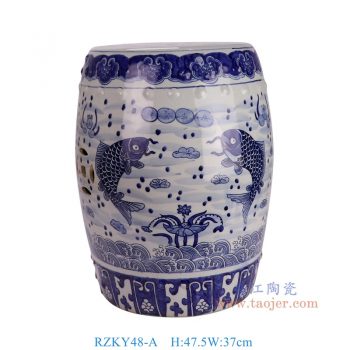 RZKY48-A 青花鱼藻纹凳子凉墩 高47.5直径37底径28.5重量10.5KG