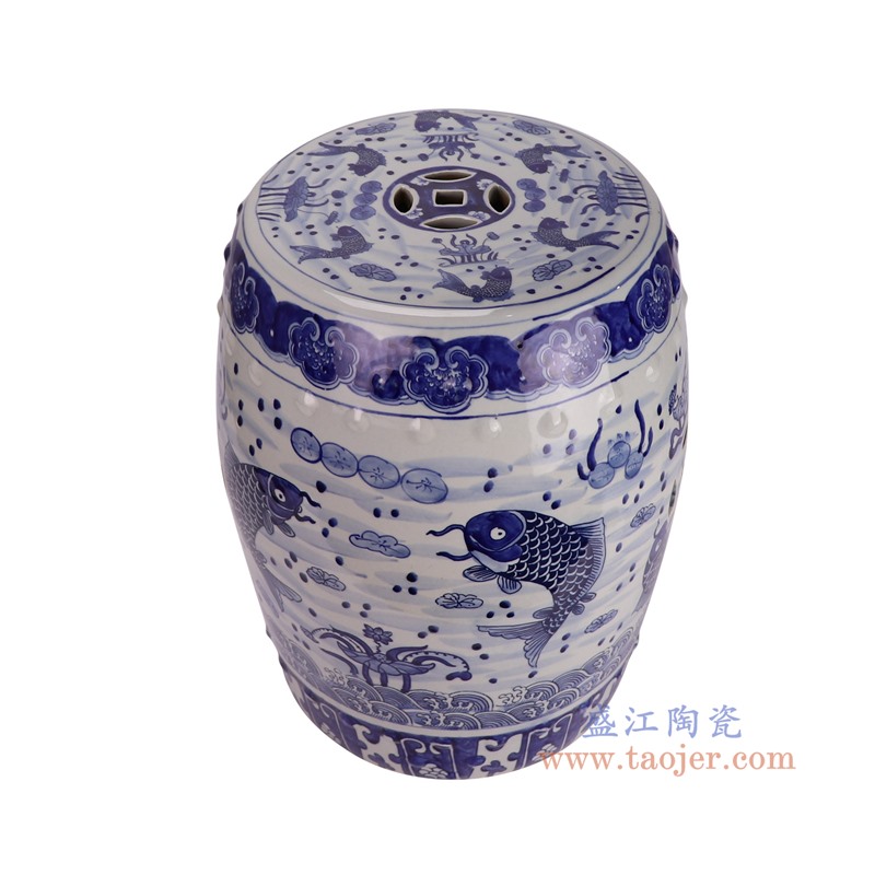 RZKY48-A青花鱼藻纹凳子凉墩俯视图