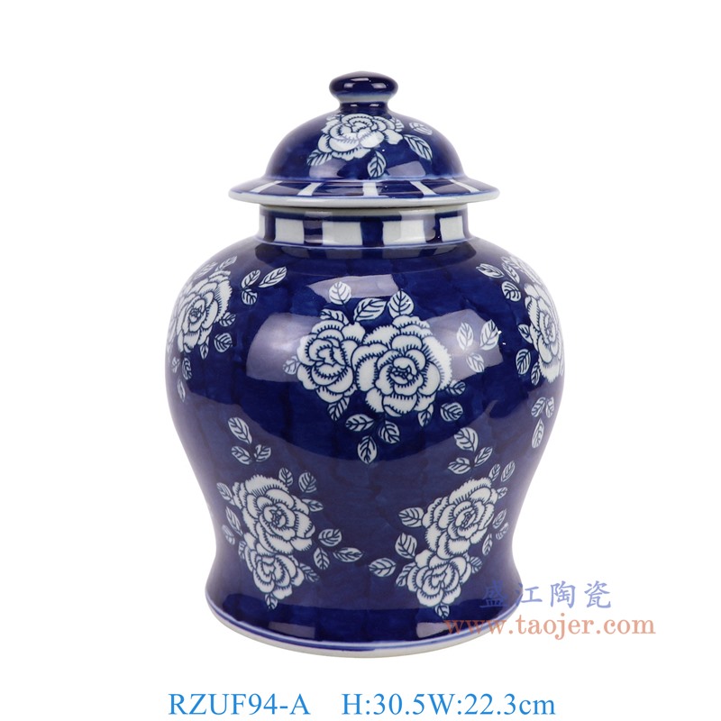 RZUF94-A蓝底青花牡丹纹将军罐正面图