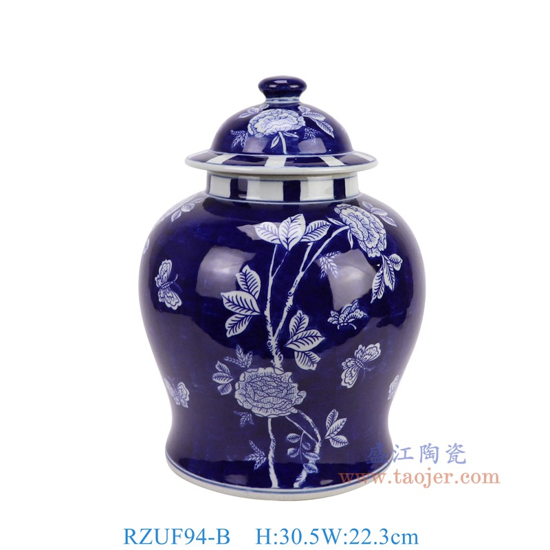 RZUF94-B蓝底青花花蝶纹将军罐正面图