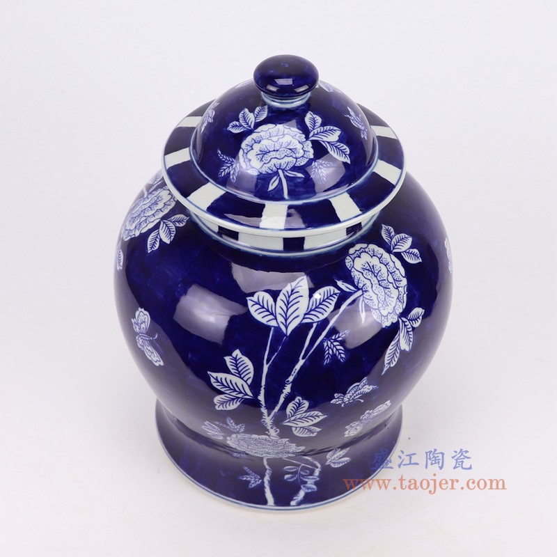 RZUF94-B蓝底青花花蝶纹将军罐俯视图
