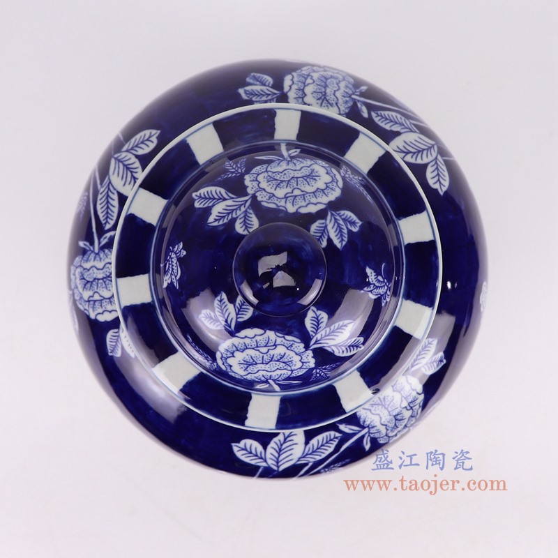 RZUF94-B蓝底青花花蝶纹将军罐顶部图