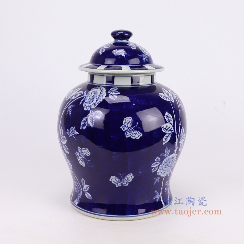 RZUF94-B蓝底青花花蝶纹将军罐侧面图