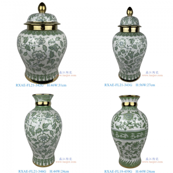 RXAE-FL21-342G绿色缠枝莲描金将军罐 RXAE-FL21-343G绿色缠枝莲描金将军罐 RXAE-FL21-346G绿色缠枝莲圈颈花瓶 RXAE-FL19-459G绿色缠枝莲圈颈花瓶