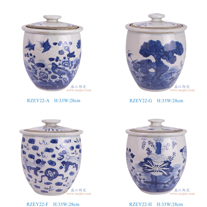 RZEY22-A青花花鸟饭缸盖罐 RZEY22-F青花狮子戏球纹饭缸盖罐 RZEY22-G青花松竹梅饭缸盖罐 RZEY22-H青花荷花饭缸盖罐