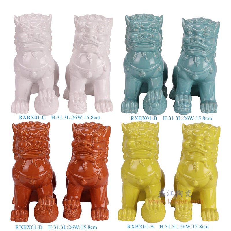 RXBX01-A-B-C-D 颜色釉红黄蓝白狮子狗雕塑组合 高31.3直径26重量1.9KG