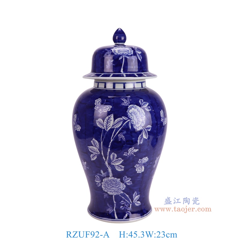RZUF92-A 青花蓝底花蝶纹将军罐 高45.3直径23口径12底径16.5重量5.1KG