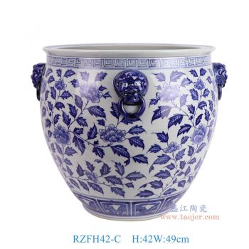 RZFH42-C 青花花叶纹狮头衔环大缸 高42直径49底径23.5重量16.7KG