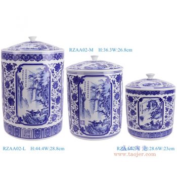 RZAA02-L-M-S-zuhe 青花缠枝开窗山水直筒茶叶罐大中小号组合
