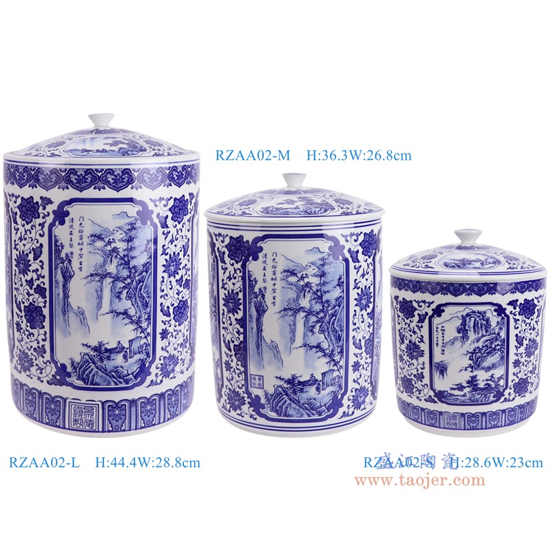 RZAA02-L-M-S-zuhe 青花缠枝开窗山水直筒茶叶罐大中小号组合