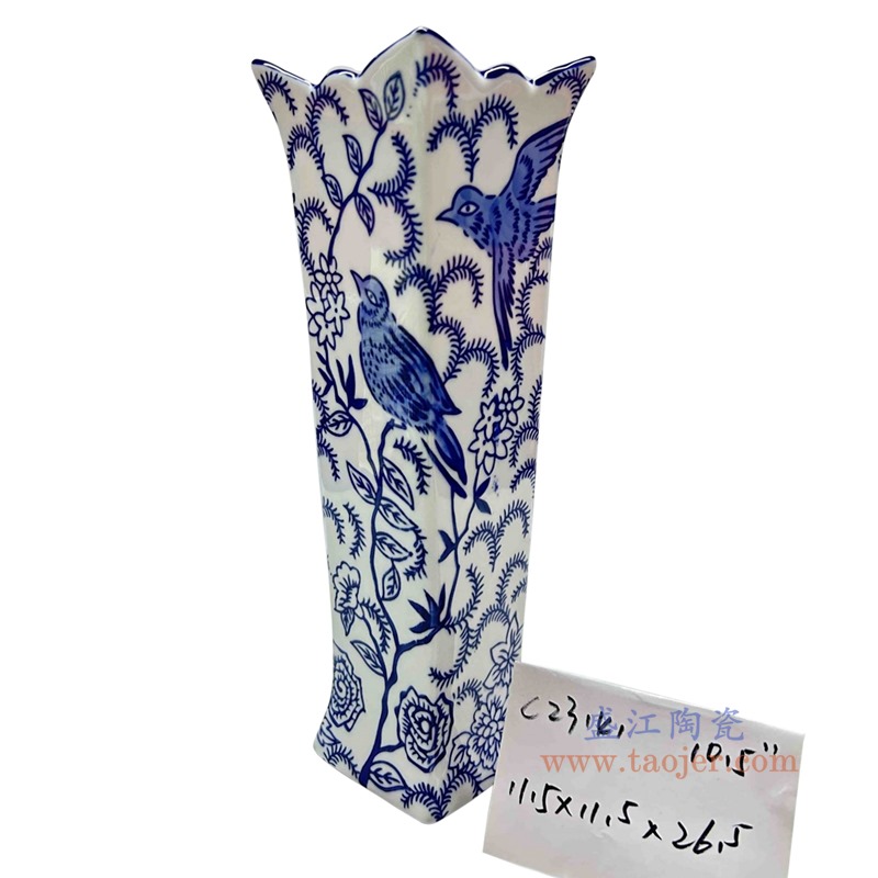 RXAE-C23141 青花花鸟四方花口花瓶 高26.5直径11.5