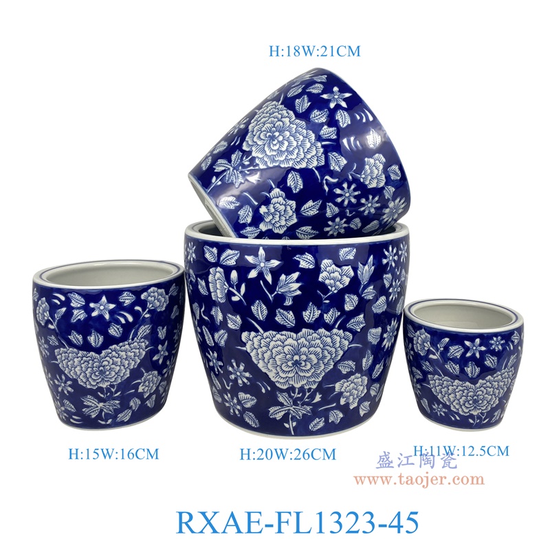RXAE-FL1323-45 "蓝底青花花叶纹花盆四件套（含底碟） 高20 18 15 11直径26 21 16 12.5