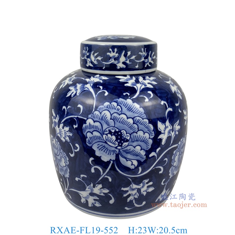 RXAE-FL19-552 青花蓝底牡丹纹平顶罐 高23直径20.5