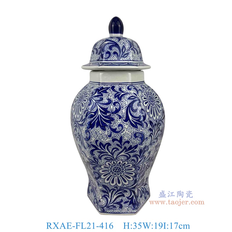 RXAE-FL21-416 青花花叶纹六角将军罐 高35直径19