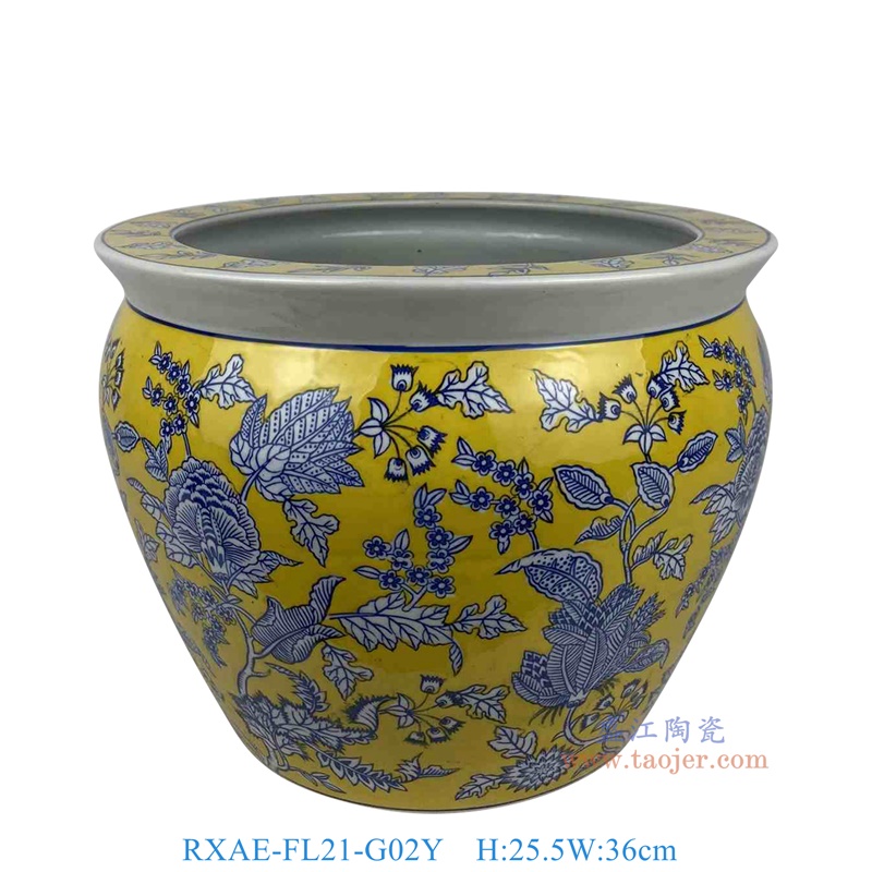 RXAE-FL21-G02Y 黄底缠枝花叶纹鱼缸 高25.5直径36