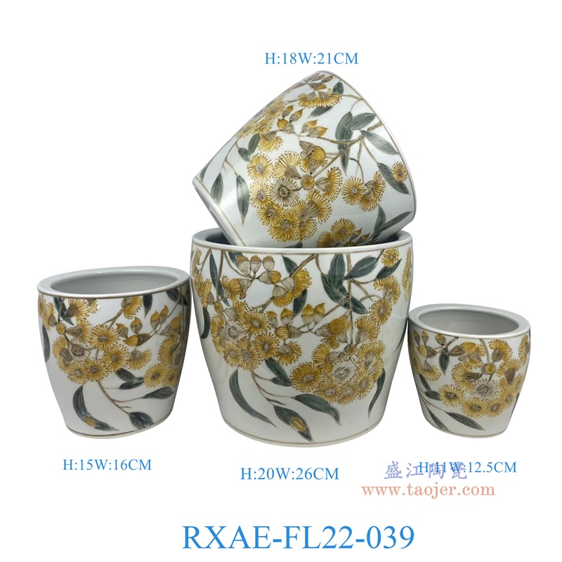 RXAE-FL22-039 "彩绘花叶纹花盆四件套(含底碟)纯手绘 高20 18 15 11直径26 21 16 12.5