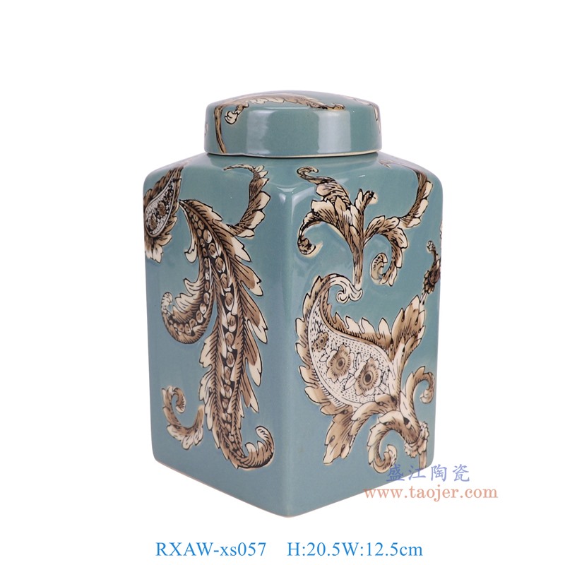 RXAW-xs057 绿底彩绘花叶纹四方罐小号 高20.5直径12.5重量1.2KG
