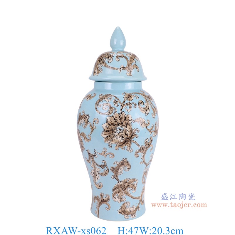 RXAW-xs062 蓝底彩绘花叶纹将军罐大号 高47直径20.3底径14.2重量2.7KG