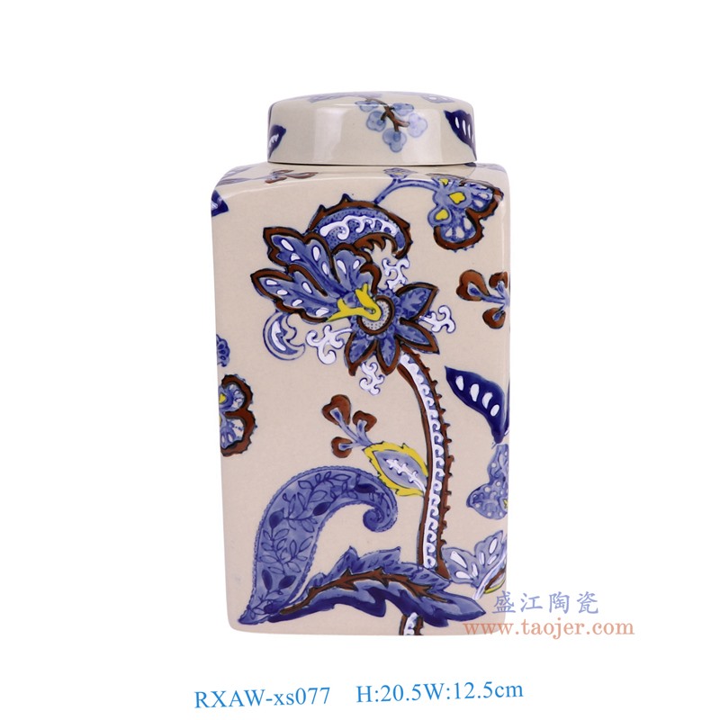 RXAW-xs077 青花花叶纹四方罐小号 高20.5直径12.5重量1.2KG