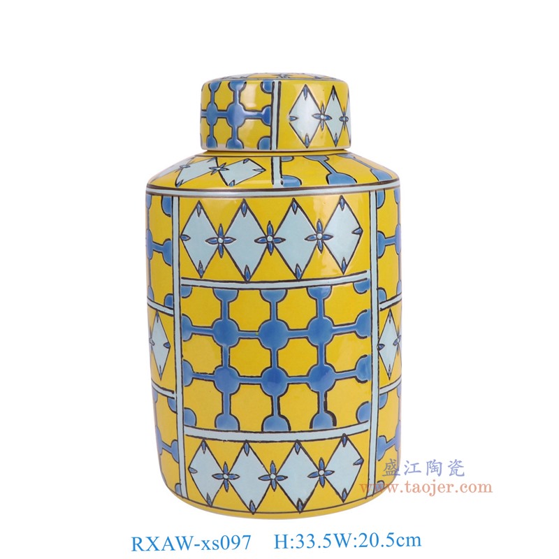 RXAW-xs097 黄底彩绘几何图形纹直筒圆罐平顶罐大号 高33.5直径20.5重量2.7KG