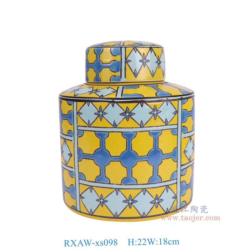 RXAW-xs098 黄底彩绘几何图形纹直筒圆罐平顶罐小号 高22直径18重量1.95KG