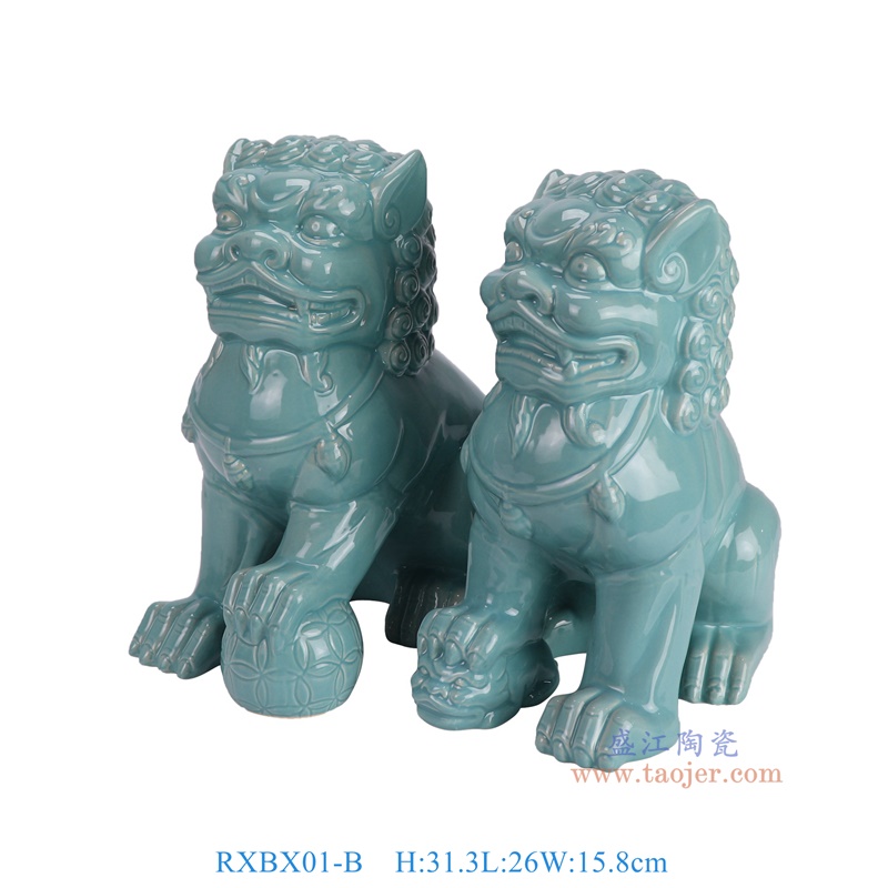 RXBX01-B 颜色釉蓝色狮子狗雕塑一对 高31.3直径26重量1.9KG