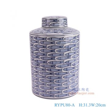 RYPU80-A 青花鱼纹直筒茶叶罐 高31.3直径20口径8重量3KG