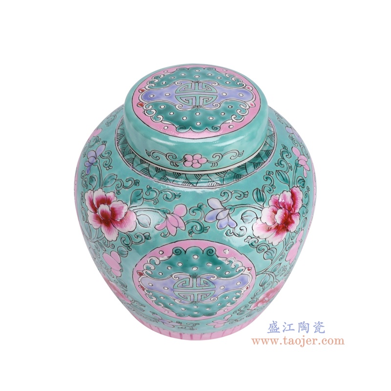 RYQQ34-F粉彩绿底牡丹万字坛罐子俯视图
