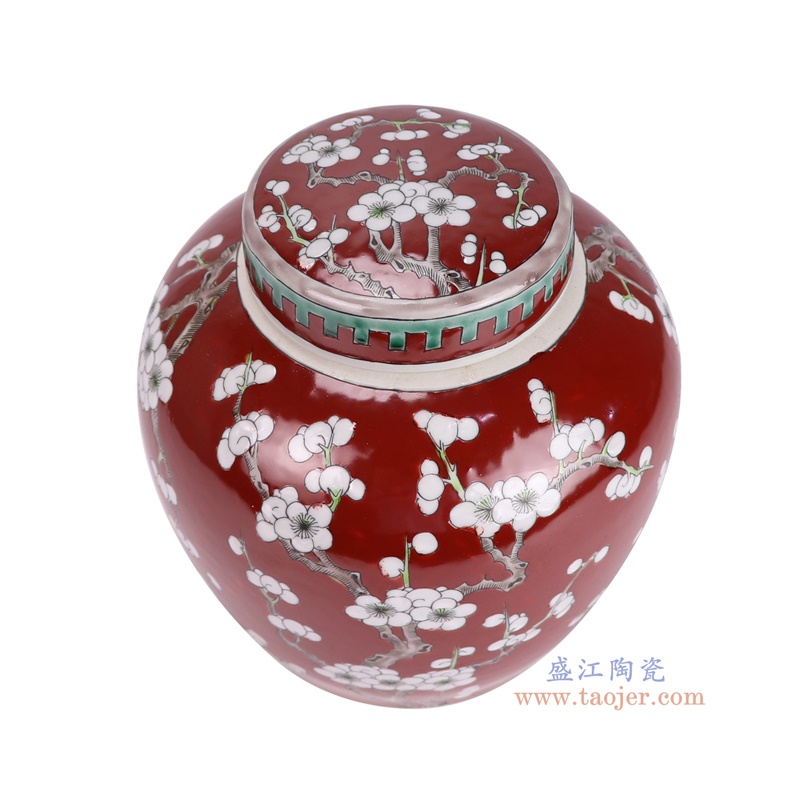 RYQQ34-G红底白梅花坛罐子俯视图
