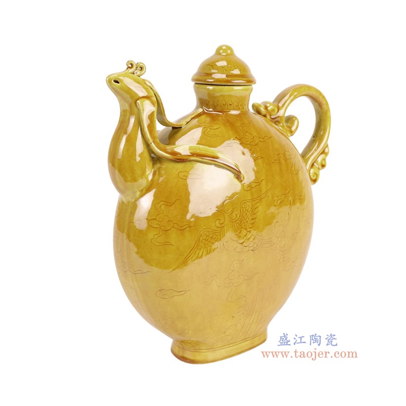 RYWN34-A霁黄釉雕刻鸡头壶凤头壶扁壶侧面图