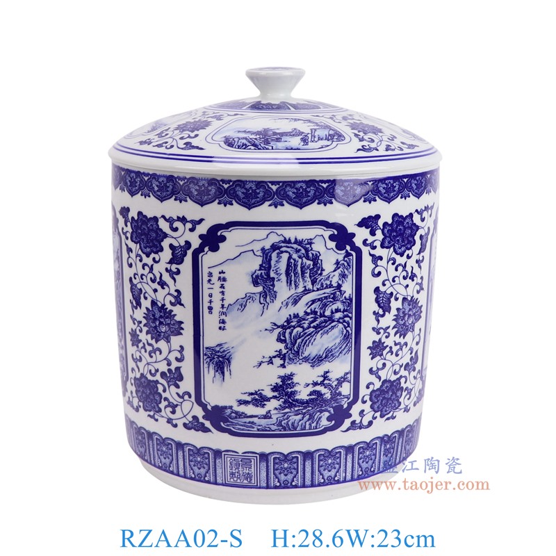 RZAA02-S 青花缠枝开窗山水直筒茶叶罐小号 高28.6直径23底径20.3重量3.6KG