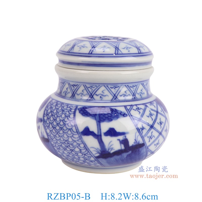 RZBP05-B 青花开窗松树人物胭脂盒小茶叶罐 高8.2直径8.6底径5.4重量0.25KG