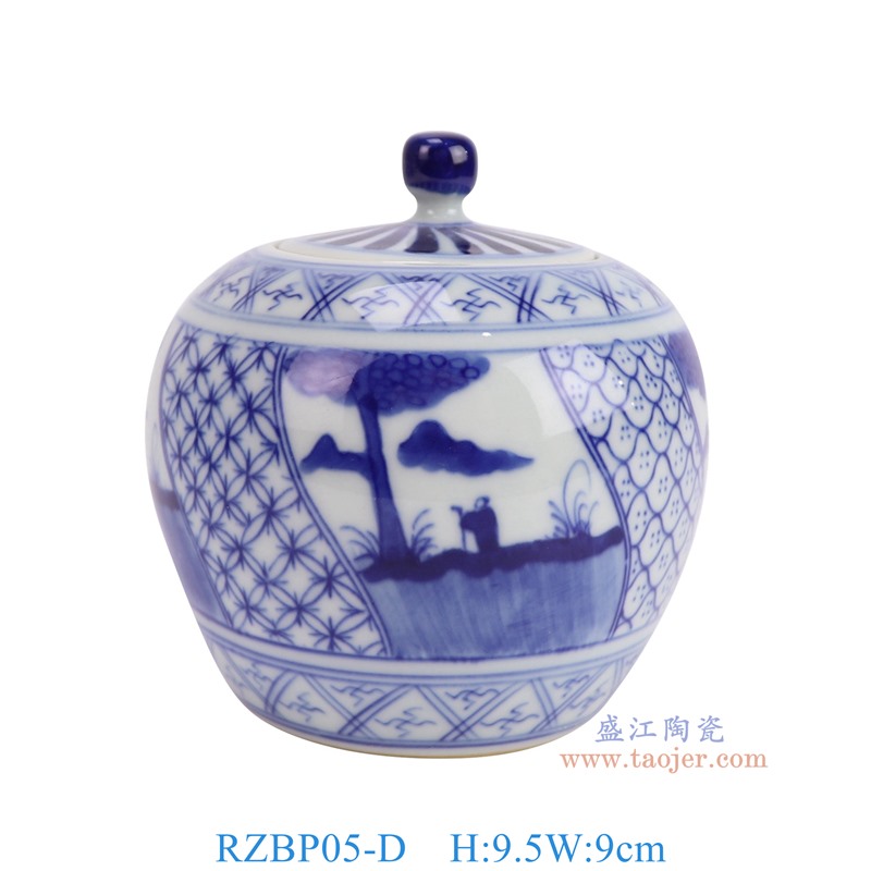 RZBP05-D 青花开窗松树人物胭脂盒小茶叶罐 高9.5直径9底径5.1重量0.25KG