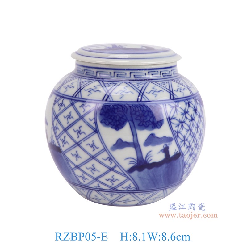 RZBP05-E 青花开窗松树人物胭脂盒小茶叶罐 高8.1直径8.6底径3.8重量0.2KG