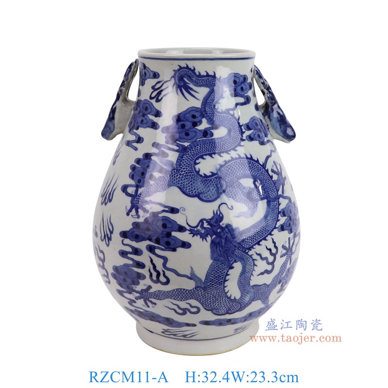 RZCM11-A青花龙纹鹿耳福桶瓶正面图