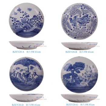 RZEY20-A青花花鸟大盘 RZEY20-B青花凤纹大盘 RZEY20-D青花麒麟送子人物大盘 RZEY20-G青花松竹梅大盘