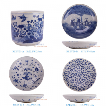 RZEY21-A青花花鸟笔筒香炉 RZEY20-M青花人物大盘 RZEY20-J青花博古纹琴棋书画大盘 RZEY20-L青花缠枝牡丹纹大盘