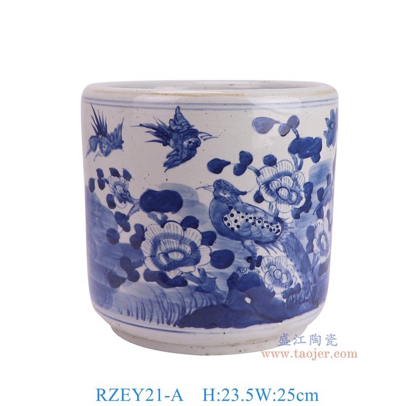 RZEY21-A 青花花鸟笔筒香炉 高23.5直径25底径18.8重量4.1KG