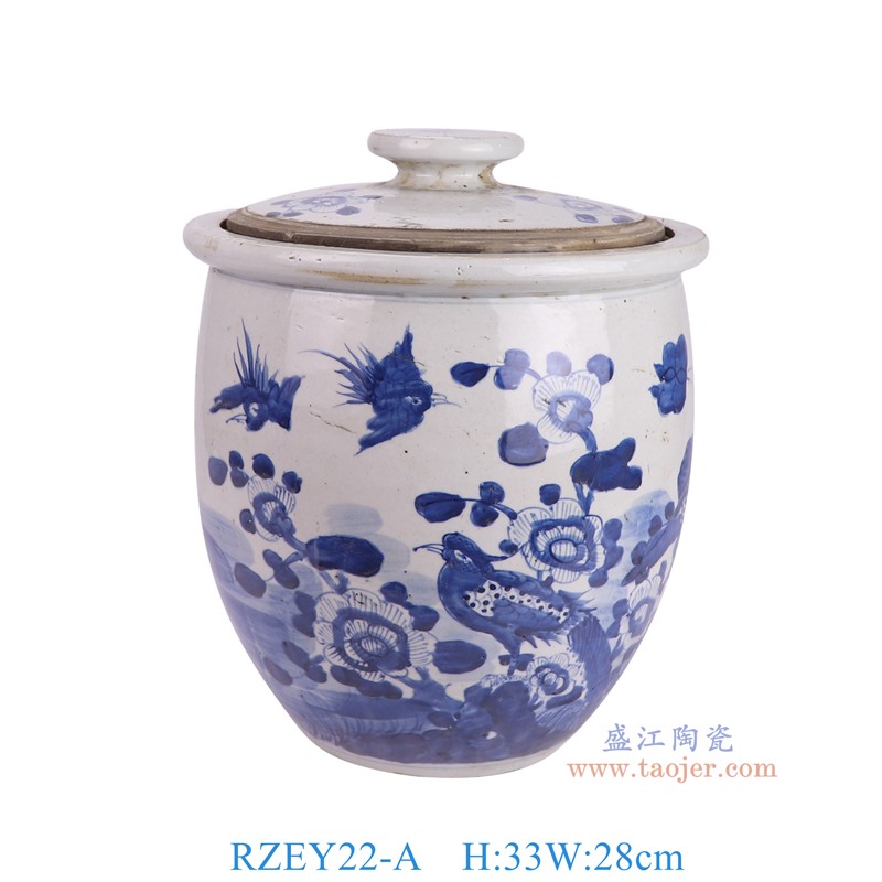 RZEY22-A 青花花鸟饭缸盖罐 高33直径28底径15重量4.85KG