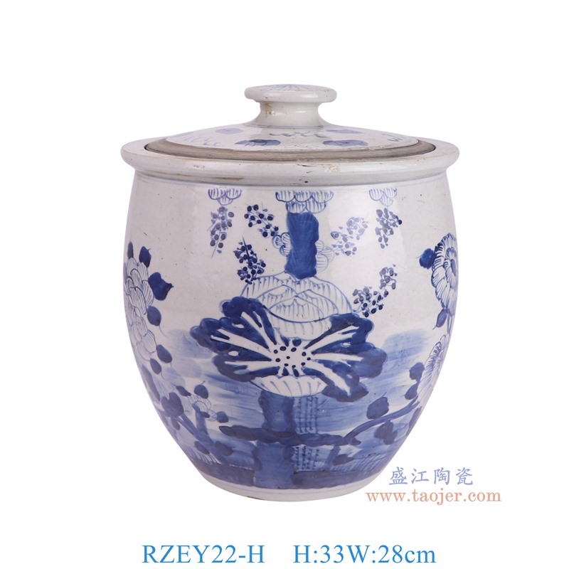 RZEY22-H 青花荷花饭缸盖罐 高33直径28底径15重量4.85KG