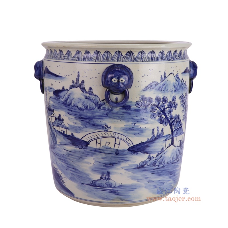 RZFH02-G青花手绘山水狮子耳直筒缸侧面图